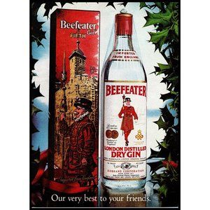 1976 Beefeater London Dry Gin Vintage Print Ad Christmas Box Holly Bush Wall Art